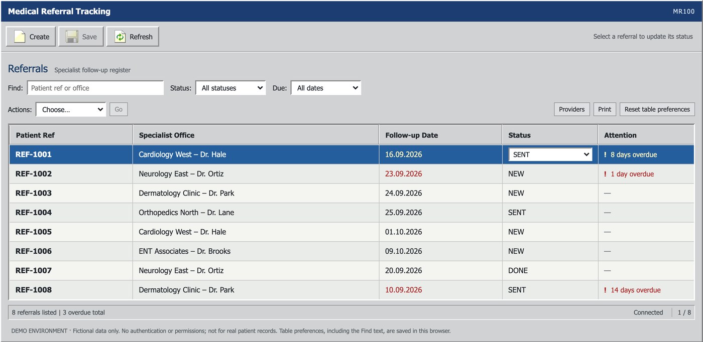The full r3f3r workbench: referral table with overdue rows flagged in red, filters, and the Create, Save and Refresh toolbar.